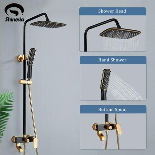 Shinesia Black Golden Shower Faucet Set Hot and Cold Water Mixer Tap Space Aluminum Material Bathroom Accessory 3-Way Outlet