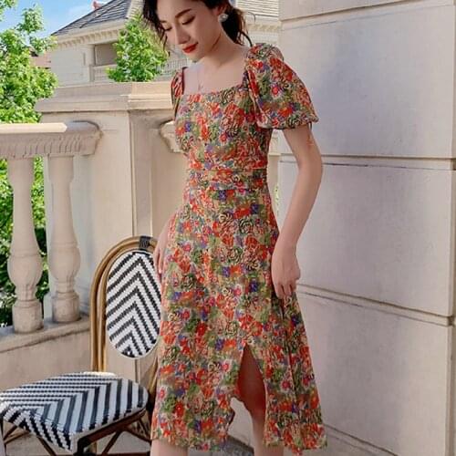 Boho Tropical Beach Vacation Dresses Women Long Floral Chiffon Dress Summer 2021 Runway Korean Vintage Elegant Party Night Dress