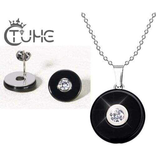 2019 New Fashion Big Carat Crystal Ceramic Jewelry Set Black White Healthy Ceramic Stud Earrings Long Pendant Necklace For Women