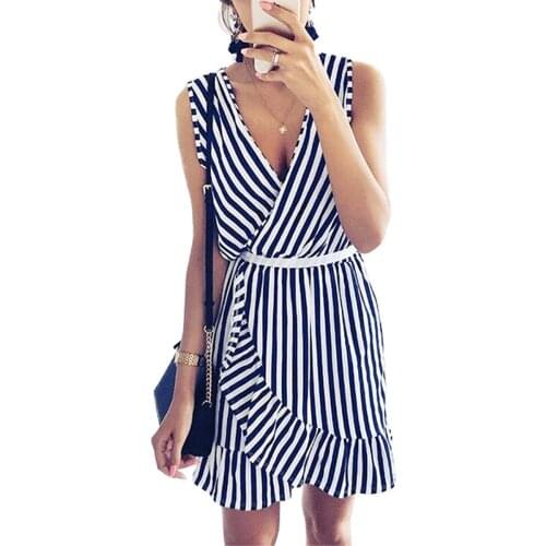 Women Summer Dress New 2020 Sexy Deep V Sleeveless Striped Dress Suitable Casual Natural Sashes Dating Party Tank Knee-Length