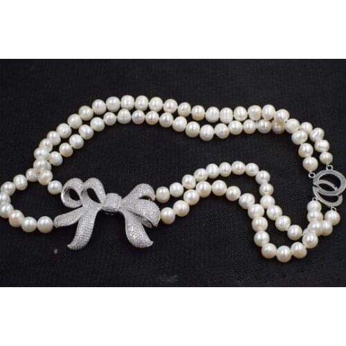 2rows freshwater pearl white near round 8-9mm necklace 17-18inch FPPJ wholesale beads nature
