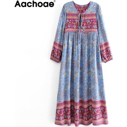 Aachoae Women Elegant Floral Print Long Maxi Dress Bow Neck Vintage Dress Lantern Long Sleeve Beach Holiday Dresses Vestidos