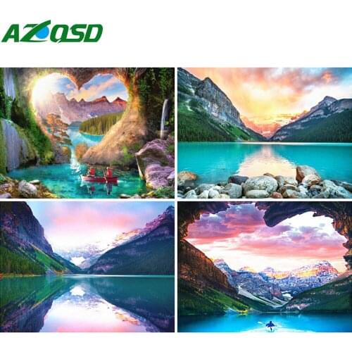 AZQSD Diamond Painting Mountain Seaside Heart Cross Stitch Needlework Rhinestones Diamond Embroidery Landscape Mosaic Home Decor