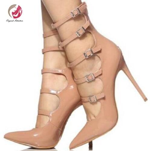 Original Intention Fashion Women Sandals Pointy Buckles Thin High Heels Sandals Quality Nude Shoes Woman Plus US Size 4-15