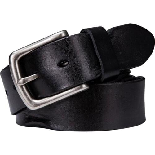 Black Cowhide Belt for Men Silver Pin Buckle Belt Retro Genuine Leather Belt Single Prong Buckle Strap for Jeans Barry.Wang