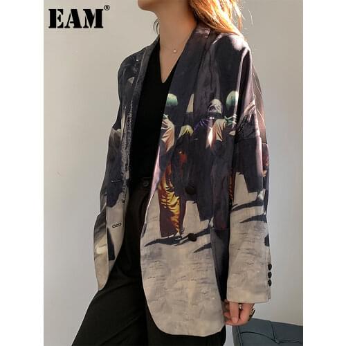 [EAM] Women Black Printed Back Striped Big Size Blazer New Lapel Long Sleeve Loose Fit Jacket Fashion Spring Autumn 2021 1W486