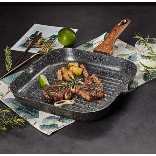 Square frying egg grill pan griddle skillet household non-stick barbecue BBQ roasting meat breakfast pot wood handle induction