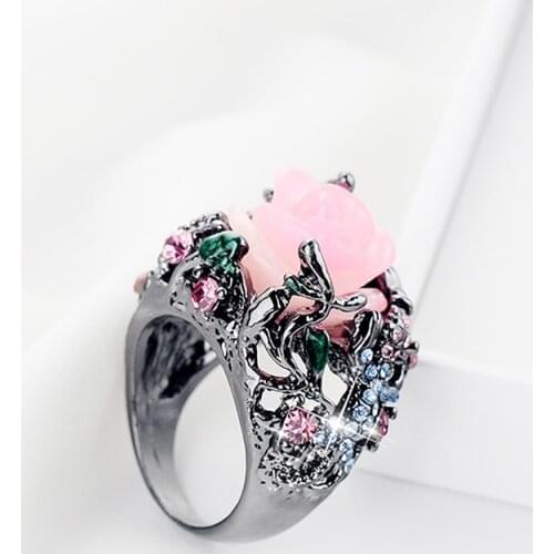 Fashion Alloy Ring Peony Rose Flower Tree Vine Lizard Handmade Jewelry Resin Crystal Beaded Colorful Rainbow Ring
