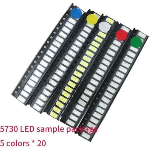 100pcs/Lot 60MA 0.2W 5730 SMD LED Diodes Assortment kit,white yellow red green blue 2.0~3.3V DIY Electronic components set