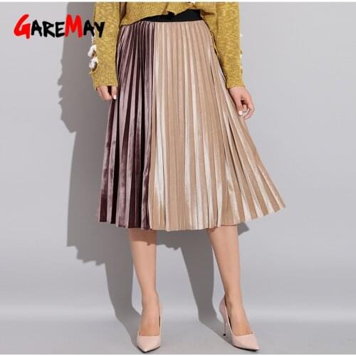 Patchwok Midi Skirt Elastic High Waist Pleated Long Skirt Female A-Line Velvet Pleated School Skirts Womens Elegant Winter 2020