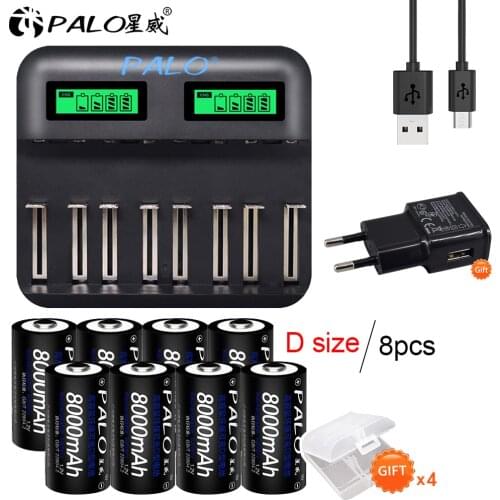Palo AA AAA C D Battery Charger USB LCD Smart Quick Charge +Big Capacity d battery 1.2V 8000mAh NiMH Rechargeable D size Battery