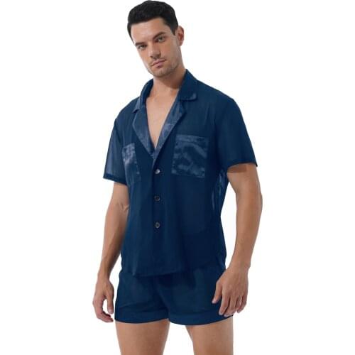 Summer Men Sissy See-Through Chiffon Satin Pajama Set Nightwear Home Wear Patchwork Lapel Short Sleeve Button Tops With Shorts