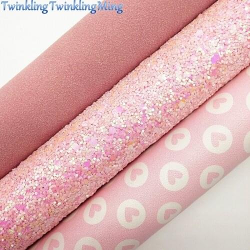 PINK Glitter Fabric, Suede Heart Faux Leather Fabric, Synthetic Leather Sheet For Bows A4 Size 8"x11" Twinkling Ming XM115