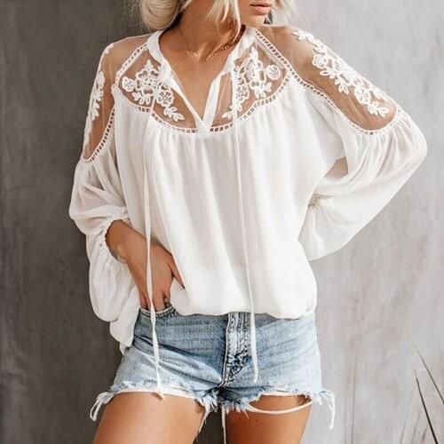 Sexy Lace Mesh Shirt Embroidery Patchwork Women Casual Long Sleeve Tops Chiffon Blouse Ladies Loose Tops Shirts Female Blusas