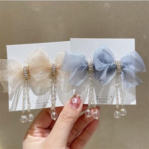 Japan And South Korea Sexy Chiffon Bow Crystal Long Tassel Earrings For Women Spring Summer Fashion Lace Statement Jewelry Gift