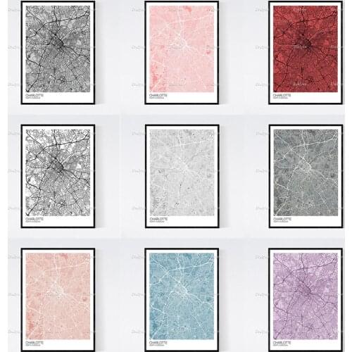 Charlotte, North Carolina Map Nordic Retro Minimalism Painting Posters and Prints on Canvas Wall Art Modular Pictures HomeDecor