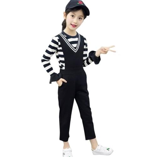 Girls Clothes Striped Teenage Girls Clothing Tshirt + jumpsuit Clothes For Teenage Girls Casual Style Childrens Tracksuits