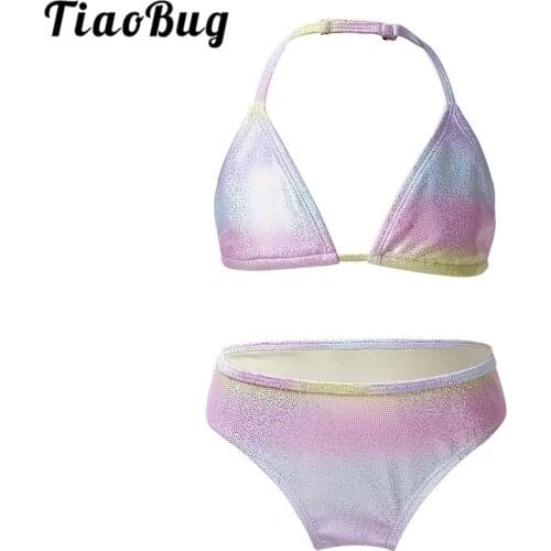 TiaoBug Kids Glittery Gradient Color Tankini Swimsuit Girls Swimwear Bathing Suit Swimming Top with Bottoms Beachwear Bikini Set