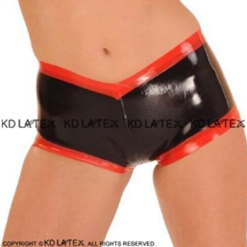Black And Red Stripes At Front Bottom Sexy Latex Boyshort Rubber Panties Briefs Underpants Underwear DK-0167