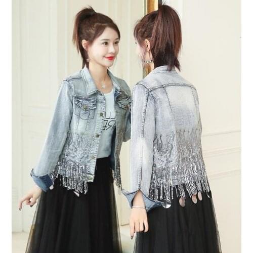 Womens Jacket New Korean Version of Heavy Industry Tassel Sequins Slim Stretch Long-sleeved Denim Jacket Cropped Top Trend
