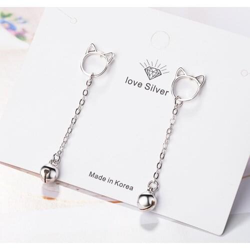 925 Sterling Silver Cat Bell Long Tassel Earrings Cute Animal Jewelry For Women Dangle Drop Earrings S-E675