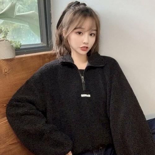 2021 Fall Winter Stand-up Collar Pullover Lamb Wool Velvet Thick Half Zipper Women Korean Loose White Tops Plus Size Punk Kawaii