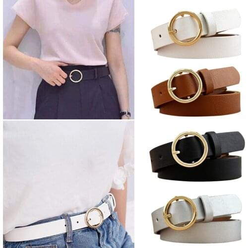 Female Gold Round Metal Circle Belt Gold Silver Black White PU Leather Waist Belts for Women Girls Jeans Pants