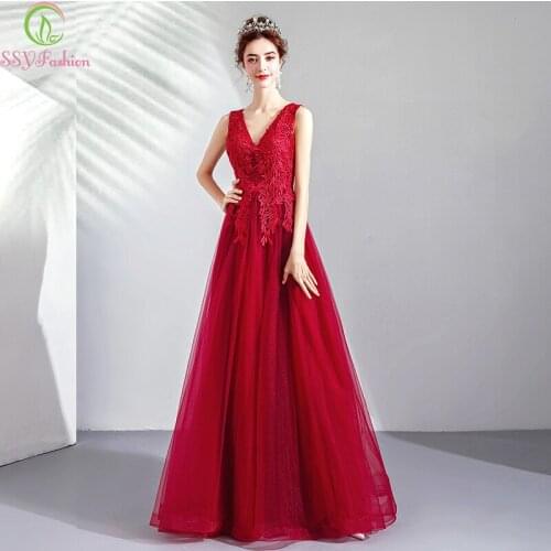 SSYFashion New Lace Evening Dress Banquet Elegant Dark Red V-neck Appliques Floor-length Formal Party Gown Robe De Soiree