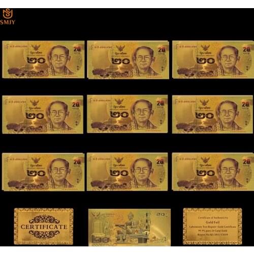 10Pcs/Lot Thailand Money Set Gold Banknote 20 Baht Gold Plated Colored Replica Currency Paper Banknotes For Collection