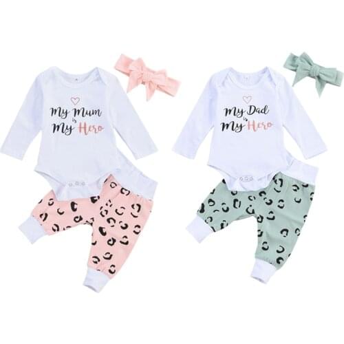 3 Pcs Newborn Casual Outfits Infant Long Sleeve Round Neck Letter Print Romper + Leopard Trousers + Solid Color Bow Headband