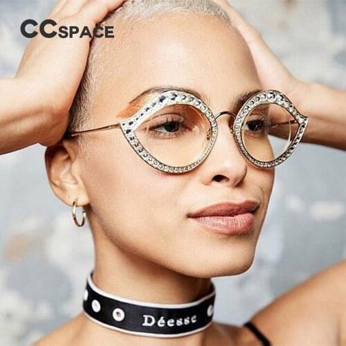 45273 Cat Eye Crystal Decoration Sunglasses Oval Metal Frame Women Brand Glasses Designer Female Shades UV Protection