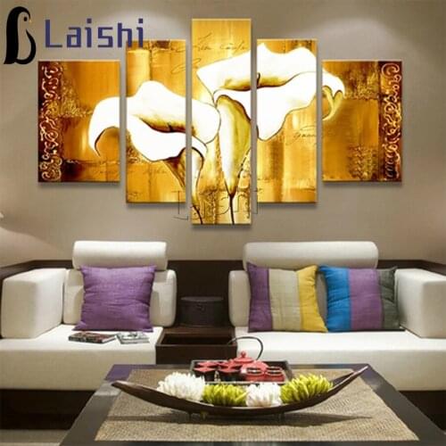 5pcs Diamond Painting Cross Stitch Diamond Mosaic Handmade Embroidery White Lily In Golden Multi Painting Needlework Drawing Kit