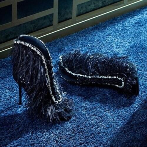 Luxury Crystal Feather Ankle Boots Peep Toe Lace-up Thin Heels Dress Shoes Deep V Style Black Pink Short Boots