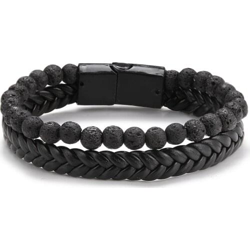 2021 Fashion Jewelry Hand Woven Leather Bead Bracelet Charm Volcanic Stone Double Cuff Bracelet for Womens Accessories Pulsera