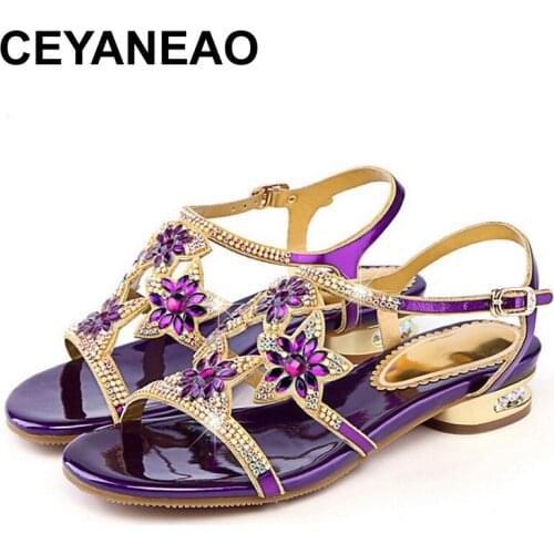 CEYANEAO Purple Blue Gold Three Colors Optional Womens Sandals Sweet Leather Rhinestone Womens Shoes Low-heeled Diamond E1661