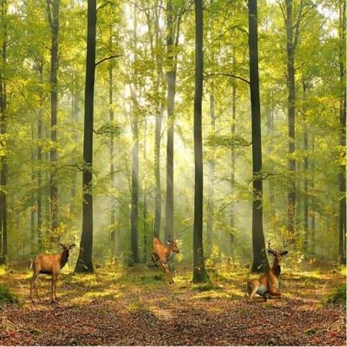 Dropshipping Colomac Wood Wallpaper 3D Custom Forest Trees Small Elk Green Wallpaper Papier Peint Mural Wallpapers Home Decor
