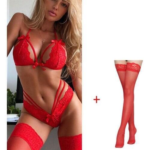 Exotic 3 Piece Lingerie Sets Sexy Hot Erotic Bra And Panty Set Porno Underwear Lace Sex Costume BabyDoll Nightwear Add Stockings