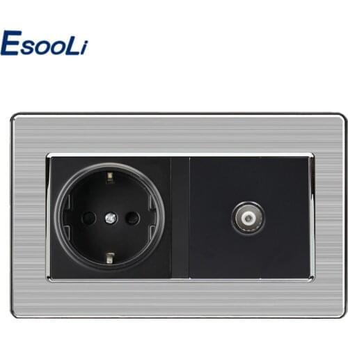 Esooli 16A Russia Spain EU Standard Power Socket Grounded With Female TV Jack Stainless Steel Brushed Panel Wall Outlet
