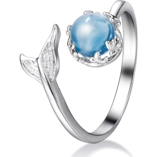 Silver Color Fishtail Blue Gem Crystal Mermaid Bubble Open Rings For Women Creative Fashion Party Birthday Gift Jewelry