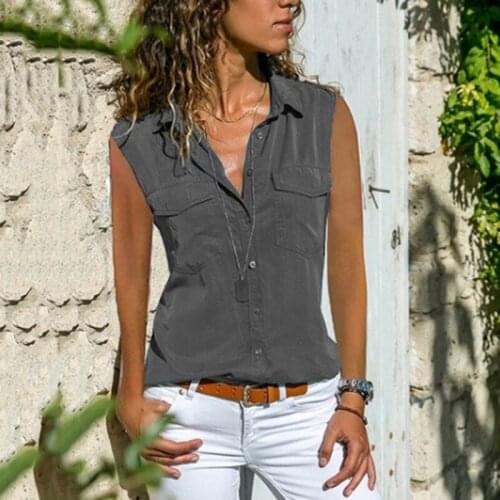 Fashion Turn Down Collar Shirts&blouse Women Casual Sleeveless Button Shirt Loose Women Clothes Solid Color Shirt Tops Polyester