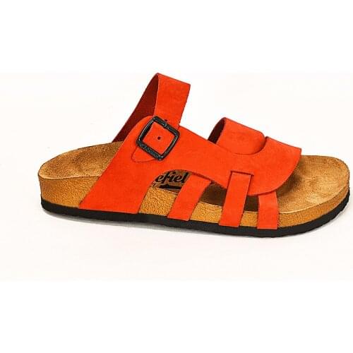 Moosefield Genuine Leather light brown and red Womens Slippers MD-5MS CROSS-STRIPED SUMMER NEW SEASON WOMENS SLIPPERS