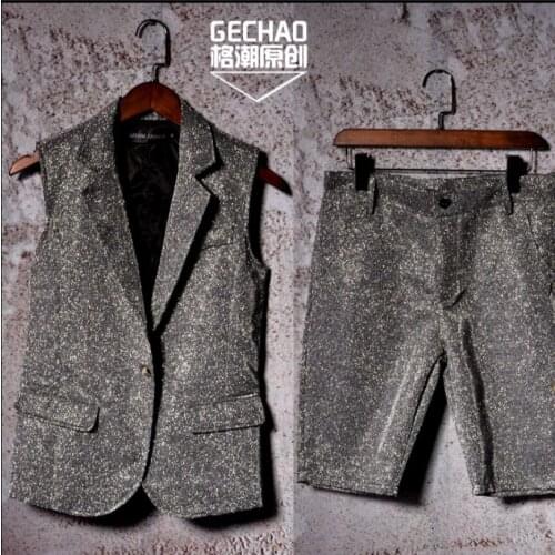 M-5xl Men Suit Vest Sets Silver Flash Powder Nightclub Ds Dj Bar Singer Stage Catwalk Costume S Sleeveless Suit Vest New Tide