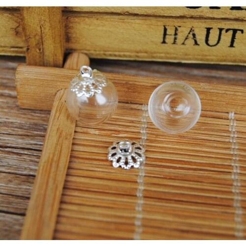 New Free ship!!! 50sets/lot 12mm*3mm(opening) glass globe bubble with flower cap set DIY Glass bottle vial pendant