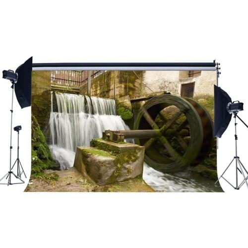 Shabby Countyard Backdrop Old Water Wheel Waterfall Cascade Green Moss Grunge Concerte Wallpaper Photography Background