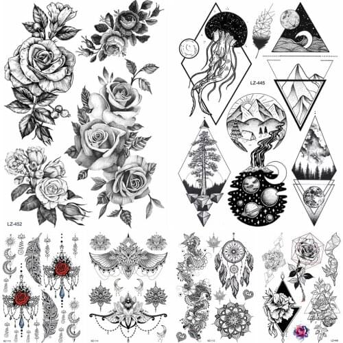 Realistic Sketch Rose Flower Tattoos Stickers Body Arm Fake Wrist Waterproof Tattoo Temporary Women Men Galaxy Moon Tatoo Sheets
