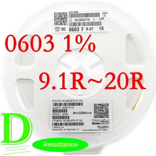 100PCS SMD Resistor RC Series 0603 1% Original RC0603FR-07 Series 9.1R-20R All resistors 9.1R 10R 11R 12R 13R 15R 16R 18R 20R