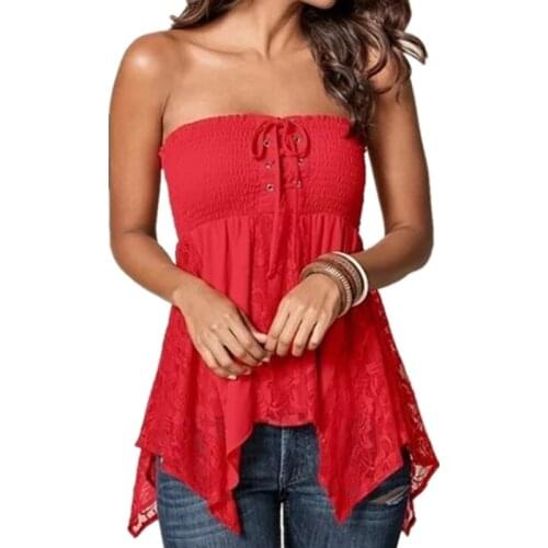 Sexy Knotted Tube Top Slash Neck Tshirt Women Fashion Lace Stitching Solid Color Summer Top Tee Casual Sleeveless Sexy T Shirt