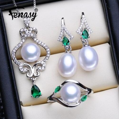 FENASY 925 Sterling Silver Jewelry Sets Natural Pearl Earrings For Women Bohemian Emerald Big Pendant Necklaces Green Rings