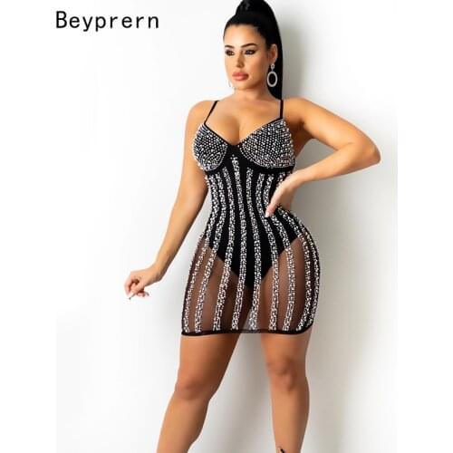 Beyprern Chic Sheer Mesh Patchwork Crystal Studded Short Party Dress Summer Sleeveless Straps Sequins Bodysuit Dress Clubwears