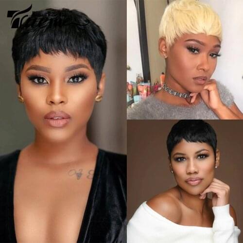 Trueme Pixie Cut Short Human Hair Wig Brazilian Remy Hair Fashion Full Cute Wigs For Women Purple Brown Blonde